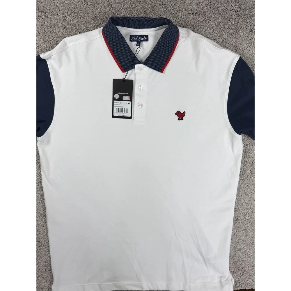 Bad‎ Birdie Men's Golf Polo Shirt, Large Med, White, Red & Blue, NWT